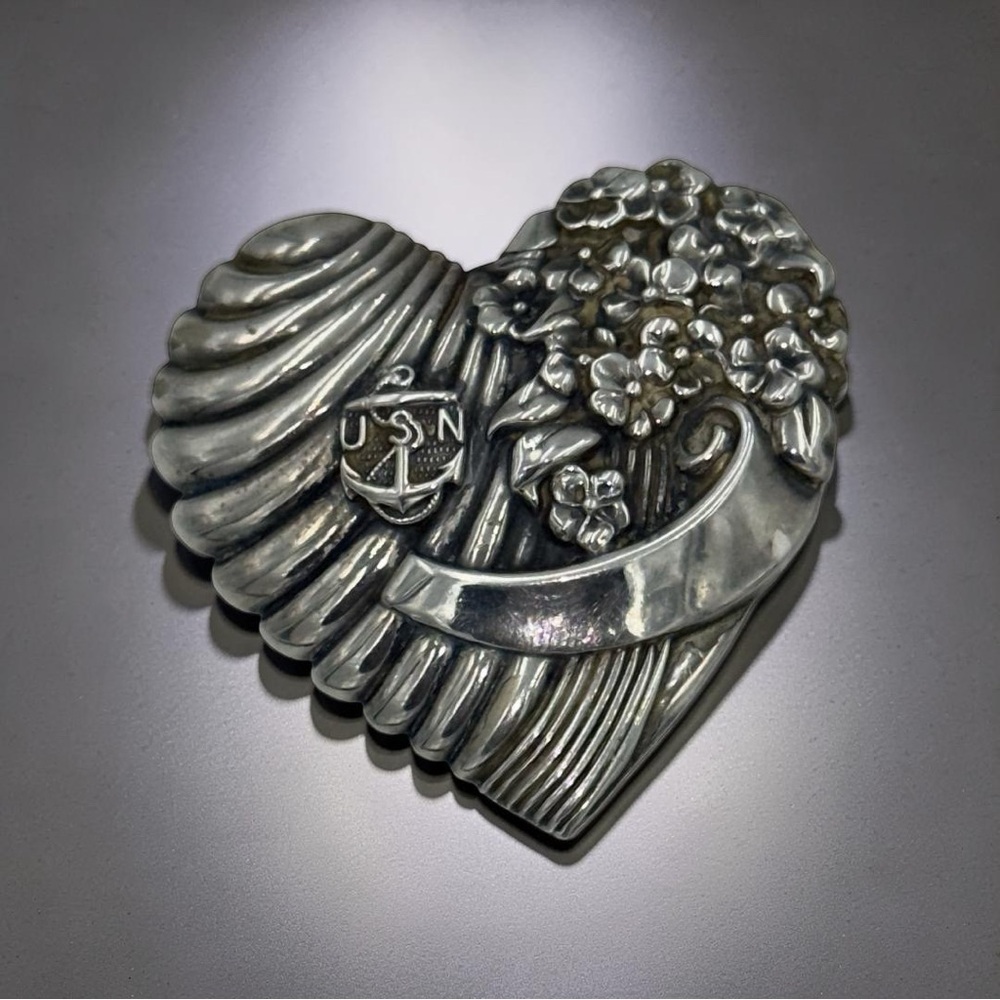 Truart Sterling Silver Heart Brooch Pin with USN Anchor Emblem 2”x2”